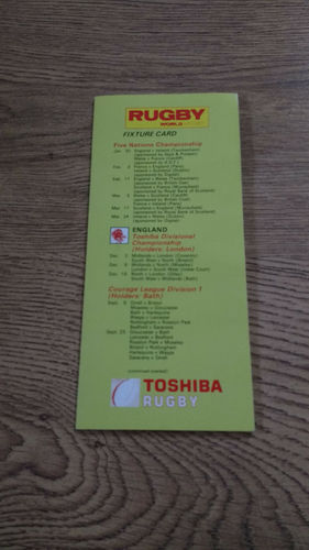 Rugby World Fixture Card 1989/90