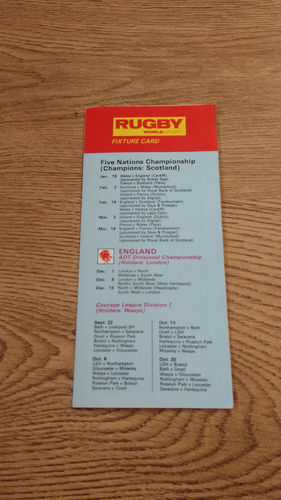 Rugby World Fixture Card 1990/91