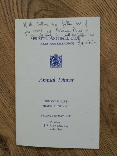 Bristol Rugby Club 1983 Annual Dinner Menu