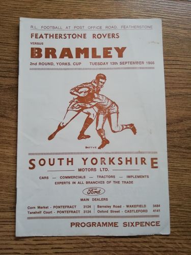 Featherstone v Bramley Sept 1966 Yorkshire Cup Rugby League Programme