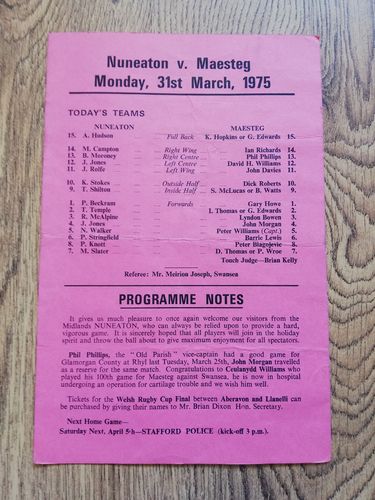 Maesteg v Nuneaton Mar 1975 Rugby Programme