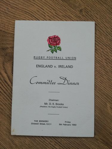 England v Ireland 1982 Committee Rugby Dinner Menu