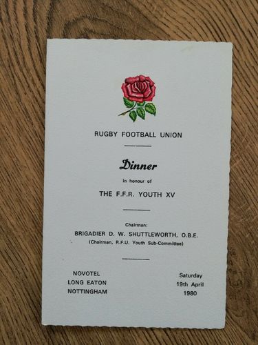 England Colts v French Youth 1980 Rugby Dinner Menu