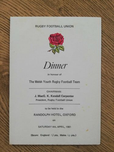 England Colts v Welsh Youth 1981 Dinner Menu
