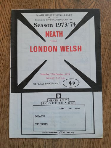 Neath v London Welsh Oct 1973 Rugby Programme