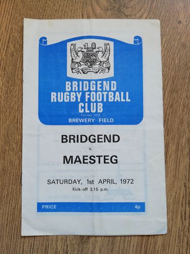 Bridgend v Maesteg Apr 1972 Rugby Programme