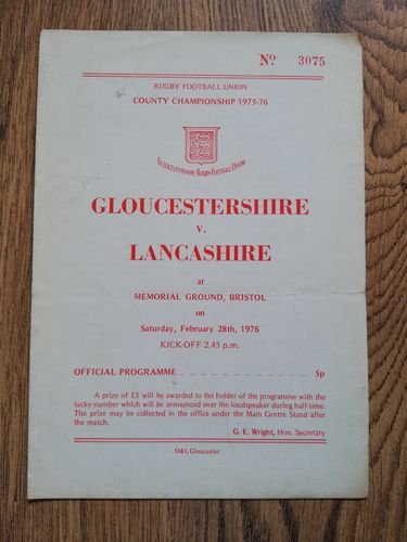 Gloucestershire v Lancashire Feb 1976 County Semi-Final Rugby Programme