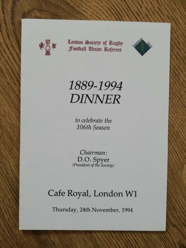 London Society of Referees 1994 Annual Rugby Dinner Menu
