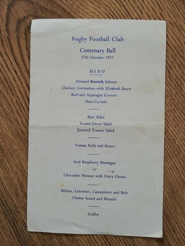 Rugby Football Club 1972 Centenary Ball Menu (single sheet)
