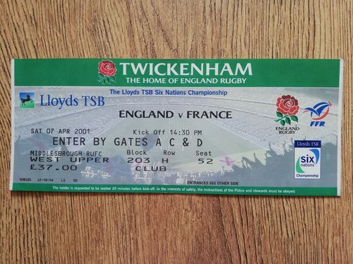 England v France 2001 Used Rugby Ticket