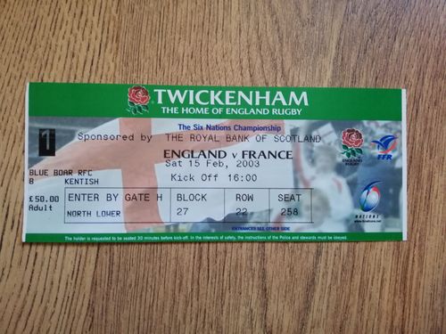 England v France Feb 2003 Rugby Ticket