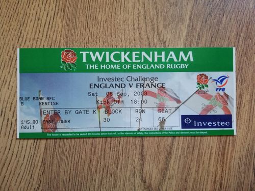 England v France Sept 2003 Rugby Ticket