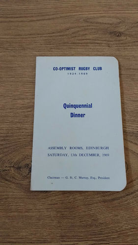 Scottish Co-Optimists 1969 Quinquennial Rugby Dinner Menu