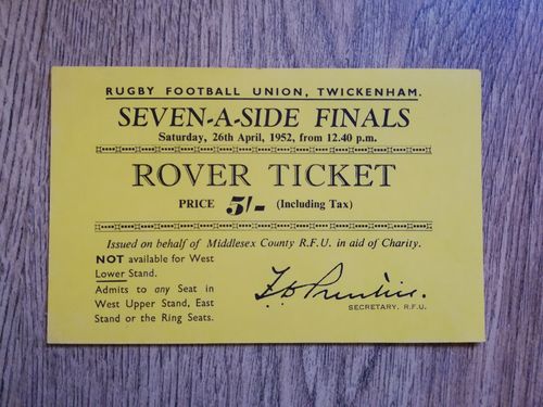 Middlesex Sevens 1952 Rugby Ticket