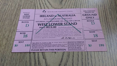Ireland v Australia 1981 Rugby Ticket
