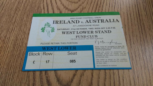 Ireland v Australia 1992 Rugby Ticket