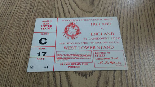 Ireland Schools v England Schools 1981 Rugby Ticket