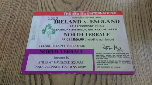 Ireland v England 1991 Rugby Ticket