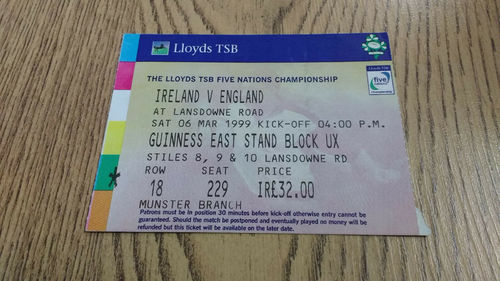 Ireland v England 1999 Rugby Ticket
