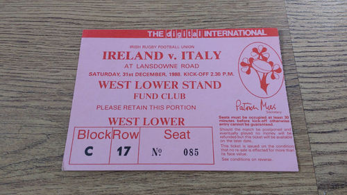 Ireland v Italy 1988 Rugby Ticket