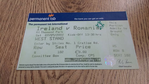 Ireland v Romania 2002 Rugby Ticket