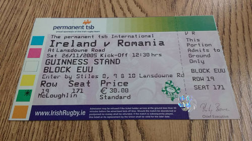 Ireland v Romania 2005 Rugby Ticket