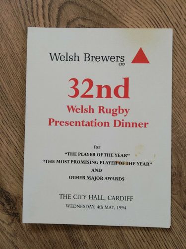 Welsh Rugby Presentation 1994 Dinner Menu