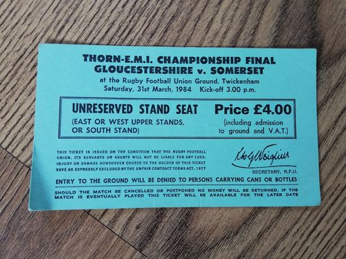 Gloucestershire v Somerset 1984 County Championship Final Used Rugby Ticket