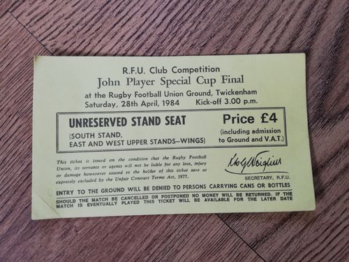 Bath v Bristol 1984 John Player Special Cup Final Rugby Ticket
