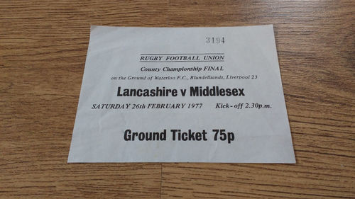 Lancashire v Middlesex 1977 County Championship Final Rugby Ticket