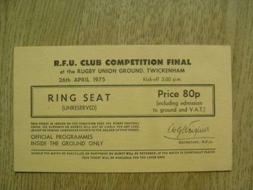 Bedford v Rosslyn Park 1975 RFU Club Competition Final Used Rugby Ticket