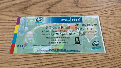 Watsonians v Heriot's FP 2003 BT Cup Final Used Rugby Ticket