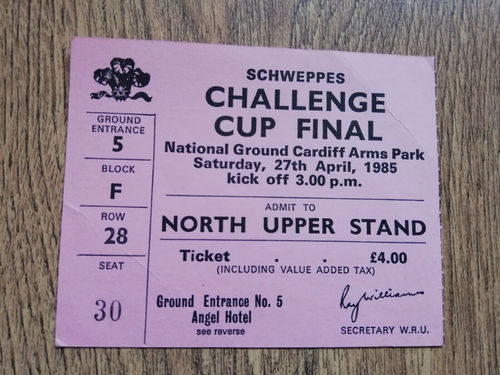 Cardiff v Llanelli 1985 Schweppes Cup Final Used Rugby Ticket