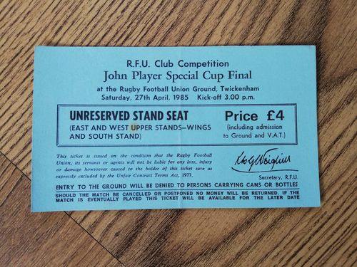 Bath v London Welsh 1985 John Player Cup Final Used Rugby Ticket
