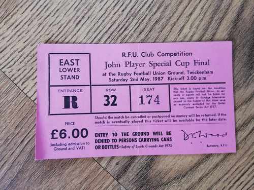 Bath v Wasps 1987 John Player Cup Final Used Rugby Ticket