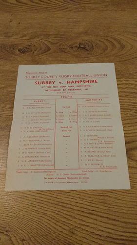 Surrey v Hampshire 1962 Rugby Programme
