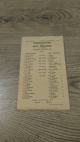 Warwickshire v East Midlands (replay) 1963 Rugby Programme