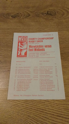 Warwickshire v East Midlands 1973 Rugby Programme