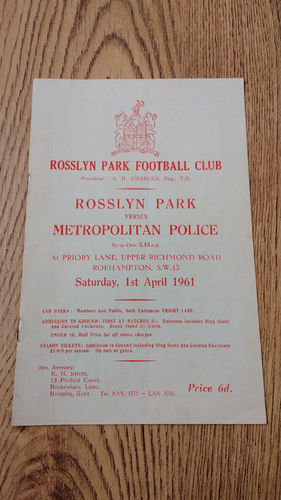 Rosslyn Park v Metropolitan Police Apr 1961 Rugby Programme