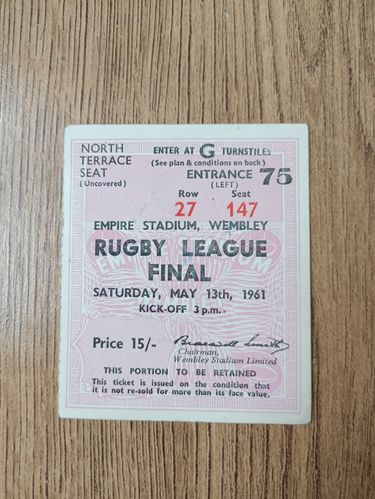 St Helens v Wigan 1961 Challenge Cup Final Rugby League Ticket