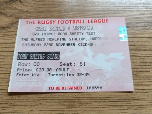 Great Britain v Australia 3rd Test 2003 Rugby League Ticket