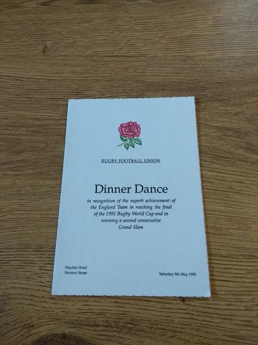 England World Cup 1991 & Grand Slam 1992 Rugby Dinner Dance Menu & Guest List