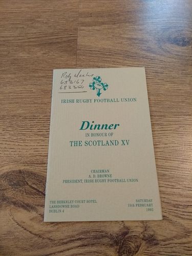 Ireland v Scotland 1992 Rugby Dinner Menu & Guest List