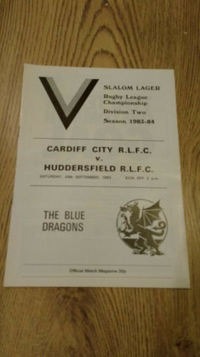 Cardiff City v Huddersfield Sept 1983 Rugby Programme
