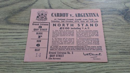 Cardiff v Argentina 1976 Rugby Ticket