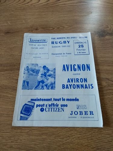 Aviron Bayonnais v Avignon Feb 1982 Rugby Programme
