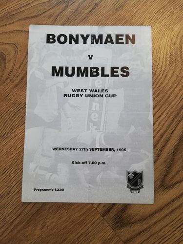 Bonymaen v Mumbles Sept 1995 West Wales Cup Rugby Programme