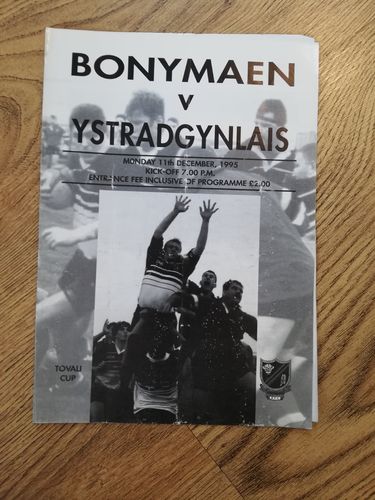 Bonymaen v Ystradgynlais Dec 1995 Tovali Cup Rugby Programme