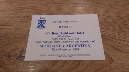 Scotland v Argentina 1990 Rugby Dance Invitation Card