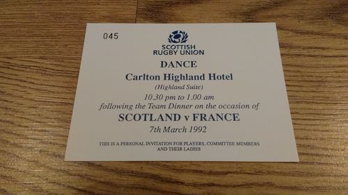 Scotland v France 1992 Rugby Dance Invitation Card